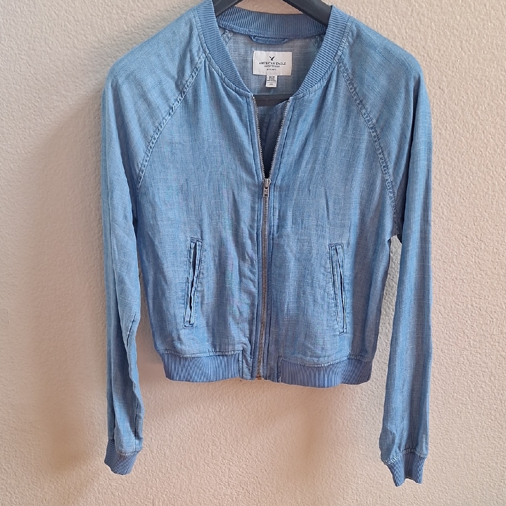 American Eagle Outfitters Chambray  Blue Denim Bomber Jacket, Size:XS